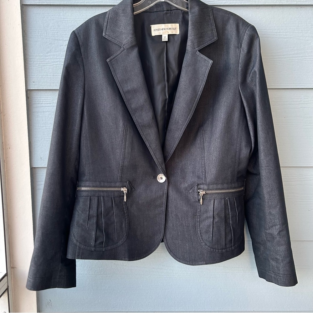 Jones New York Charcoal Denim-Like Blazer with Zippered Pockets